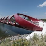 The red Peace Bridge over the Bow River in Calgary
