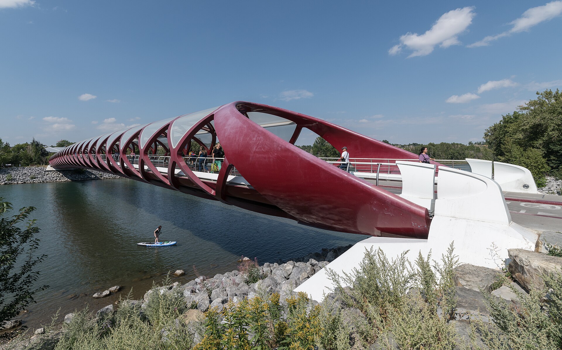 The red Peace Bridge over the Bow River in Calgary